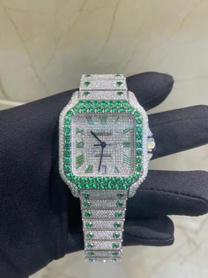 Relógio de pulso de luxo de metal de diamante e conjunto de pulseira de ligação de baguette gelada